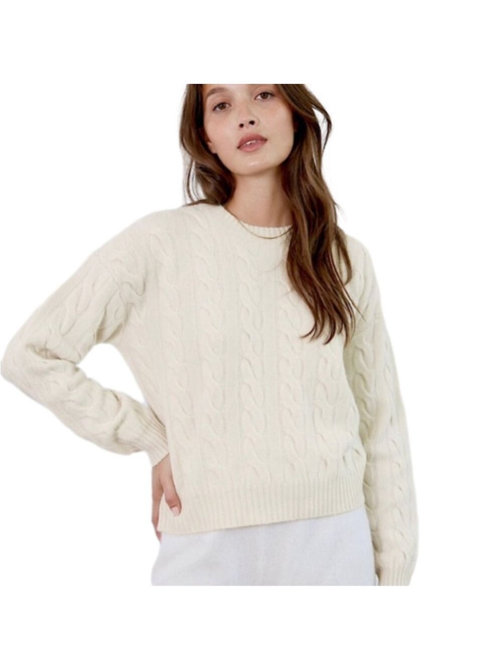 Babaton cream Illustrator cable knit merino wool pullover crew neck sweater XXS